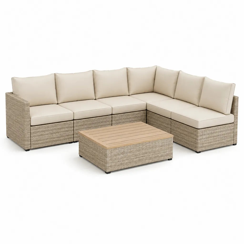 6-teiliges Garten-Loungesofa Ecksofa Set mit Tisch 250 x 250 cm PE-Geflecht Creme Beige