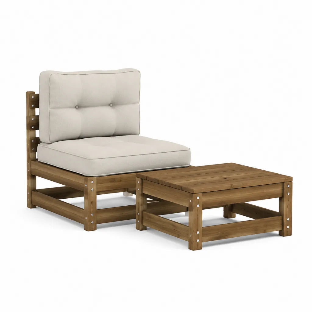 Garten-Loungesessel mit Hocker 2-teilig aus massivem Akazienholz rechteckig Braun Creme 70 x 70 x 60 cm