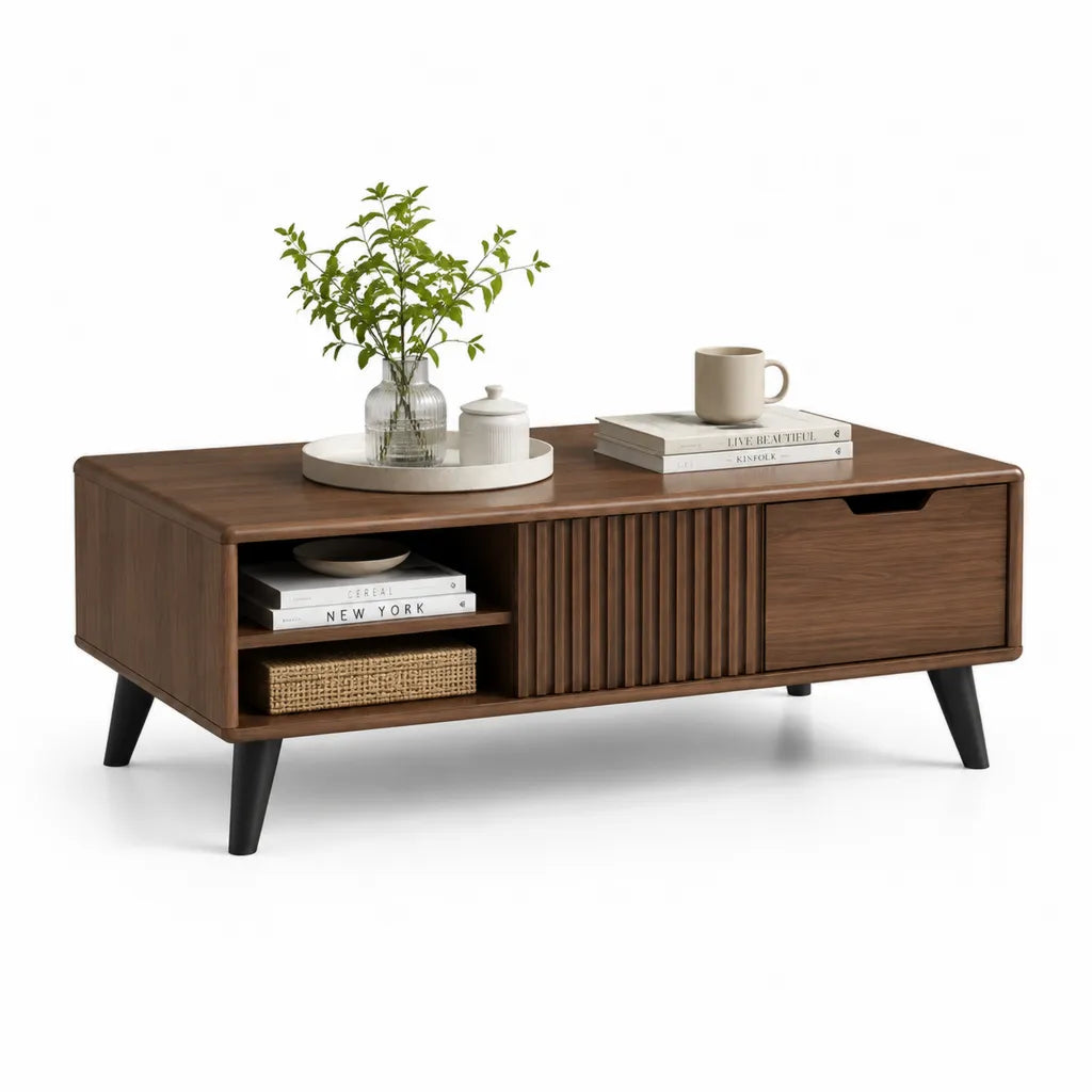 Couchtisch mit Stauraum 120 x 60 x 45 cm MDF mit Walnussfurnier rechteckig Walnussbraun Schwarz