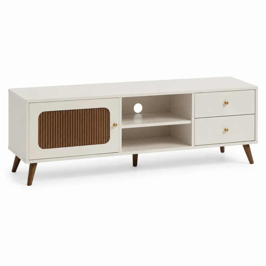 TV-Lowboard 160 x 40 x 60 cm aus MDF und Gummibaum-Massivholz rechteckig in Cremeweiss und Walnussbraun