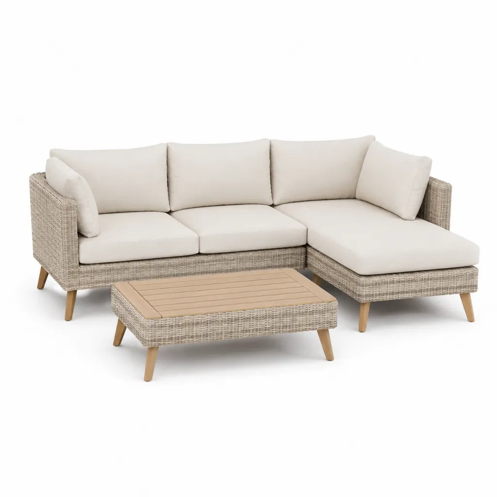 Gartenlounge Set Ecksofa mit Couchtisch in L-Form 220 x 150 cm Polyrattan Akazienholz Beige Naturbraun