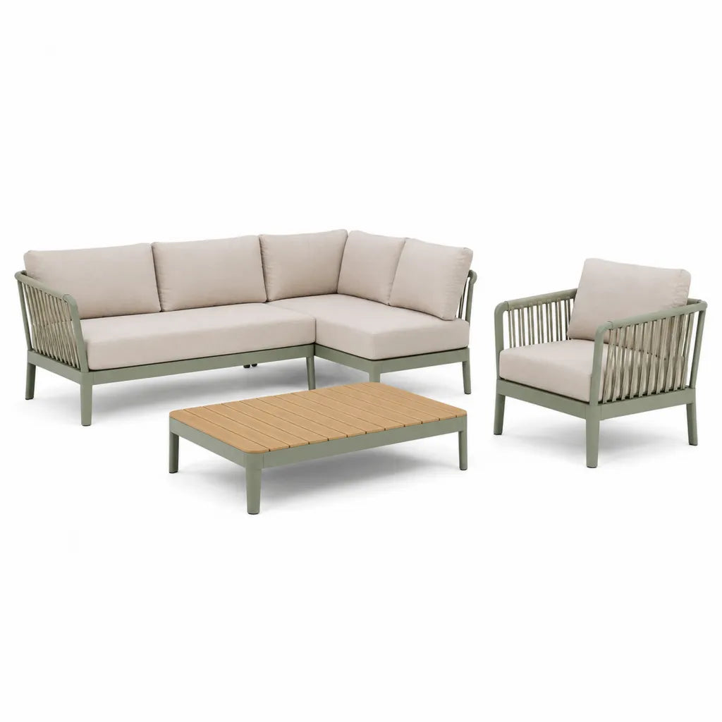 4-teiliges Gartenlounge Set mit Ecksofa Sessel Couchtisch Aluminium Polypropylen-Seil Beige Salbeigrun 220 x 150 cm