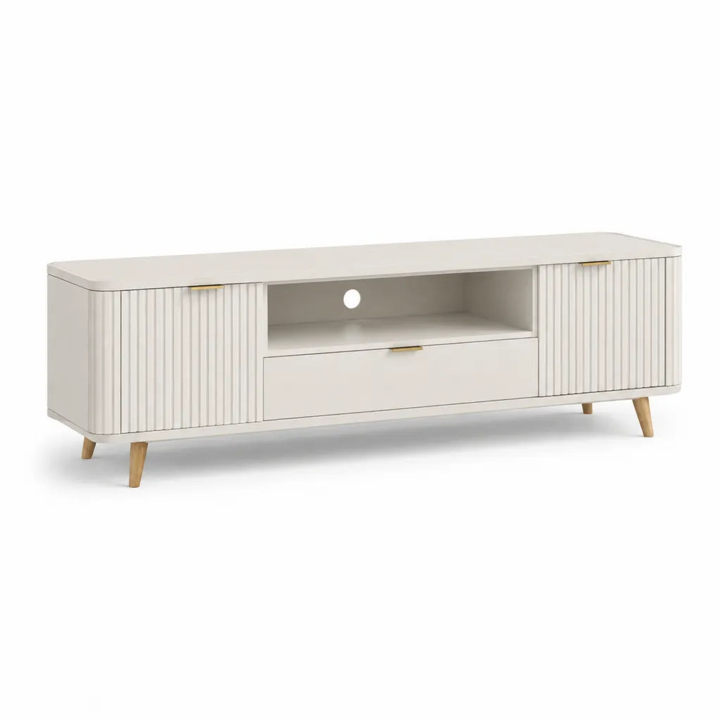 TV-Lowboard 160 x 45 x 50 cm aus MDF rechteckig in Cremeweiss mit Kiefernholzfussen