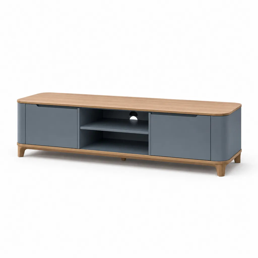 TV Lowboard mit 2 Turen und offenen Fachern MDF und Eichenfurnier Rechteckig Grau Natur 180 x 40 x 55 cm