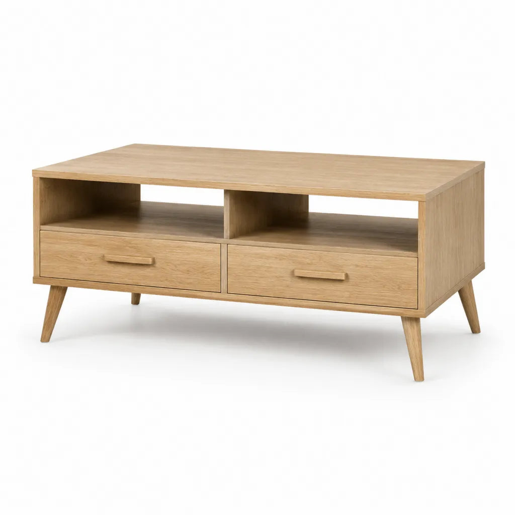 Couchtisch mit 2 Schubladen und offenen Fachern 120 x 60 x 45 cm Holzwerkstoff Eichenoptik rechteckig Natur