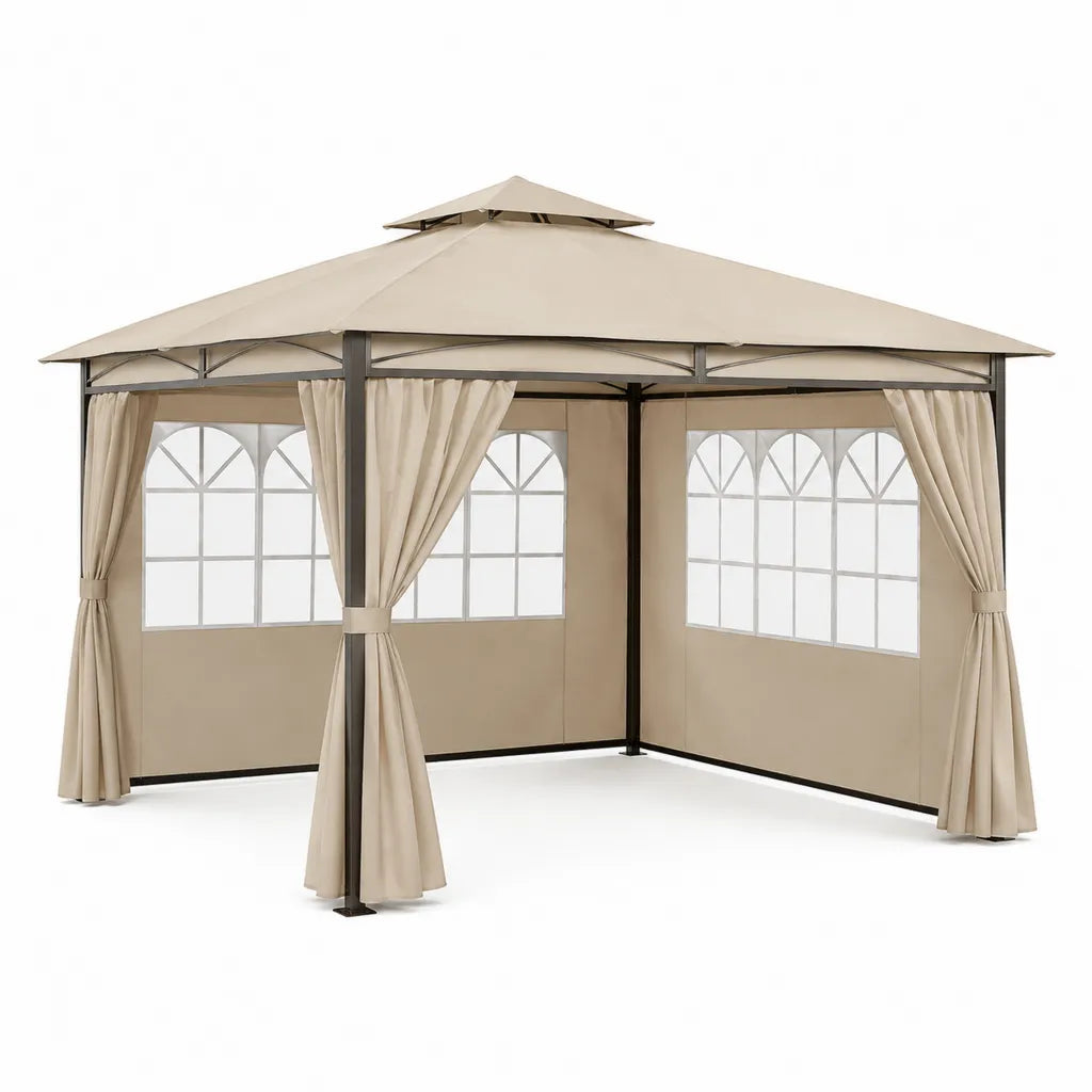 Pavillon 3 x 3 x 2.65 m mit Seitenteilen Polyester Stahl quadratisch Beige Dunkelgrau
