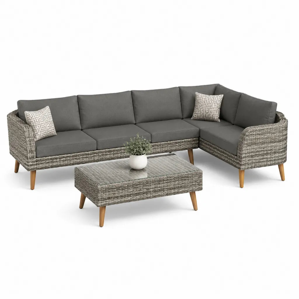 Gartensofa Ecklounge 4-Sitzer mit Couchtisch aus PE-Rattan Grau 252 x 195 cm