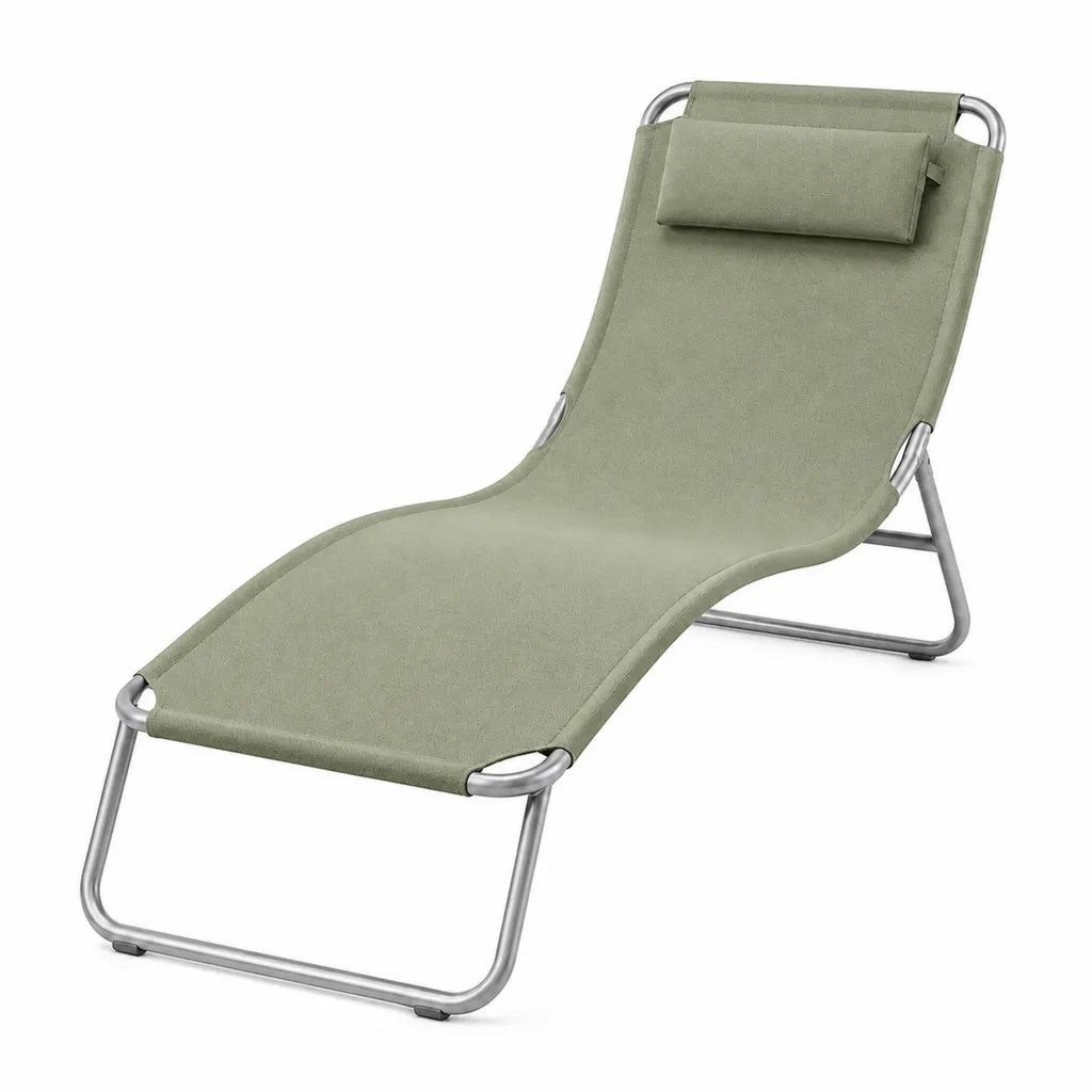 Gartenliege mit Kopfpolster Stahlrohr und Polyester ergonomische Form Olivgrun Silber 137 x 58 x 80 cm