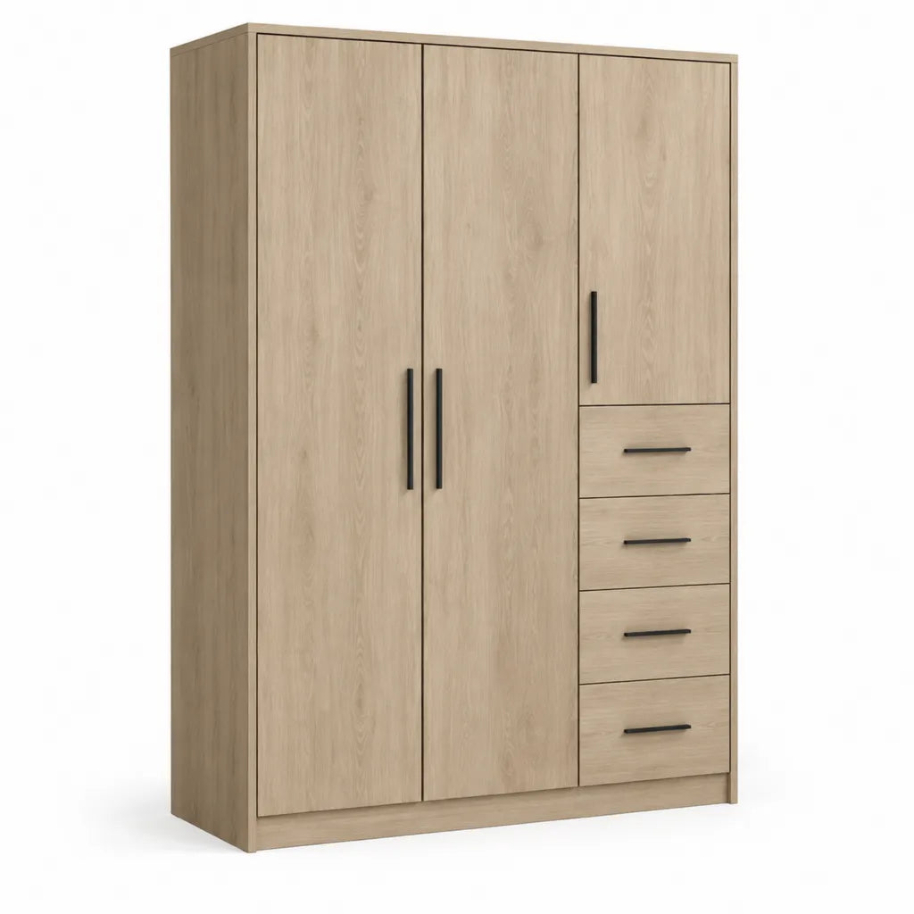 Kleiderschrank 120 x 52 x 200 cm mit 3 Turen und 4 Schubladen aus melaminbeschichteter Spanplatte Eiche Natur