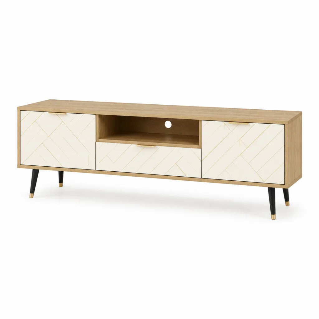 TV-Lowboard 180 x 40 x 50 cm aus MDF mit Eichenfurnier rechteckig Naturweiss