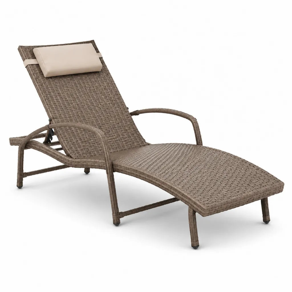 Gartenliege Sonnenliege aus PE-Geflecht mit verstellbarer Ruckenlehne und Kopfkissen Taupe Beige 198 x 65 x 95 cm