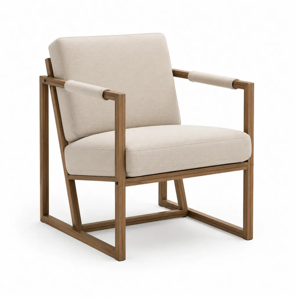 Polstersessel Wohnzimmer mit Massivholzgestell Polyesterbezug rechteckig Beige Walnussbraun 67 x 75 x 82 cm