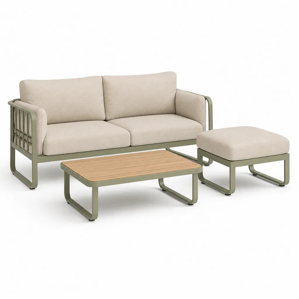 Gartenlounge Set 3-teilig mit 2-Sitzer Sofa Couchtisch und Hocker Aluminium Polyester Beige Olivgrun 140 x 75 x 78 cm