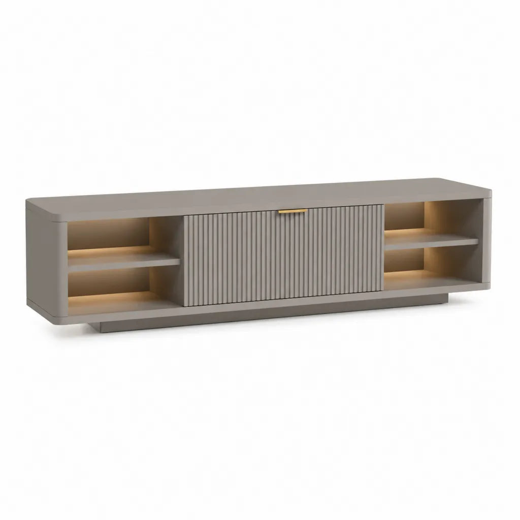 TV-Lowboard 200 x 40 x 50 cm aus MDF mit geriffelter Schiebetur in Taupe