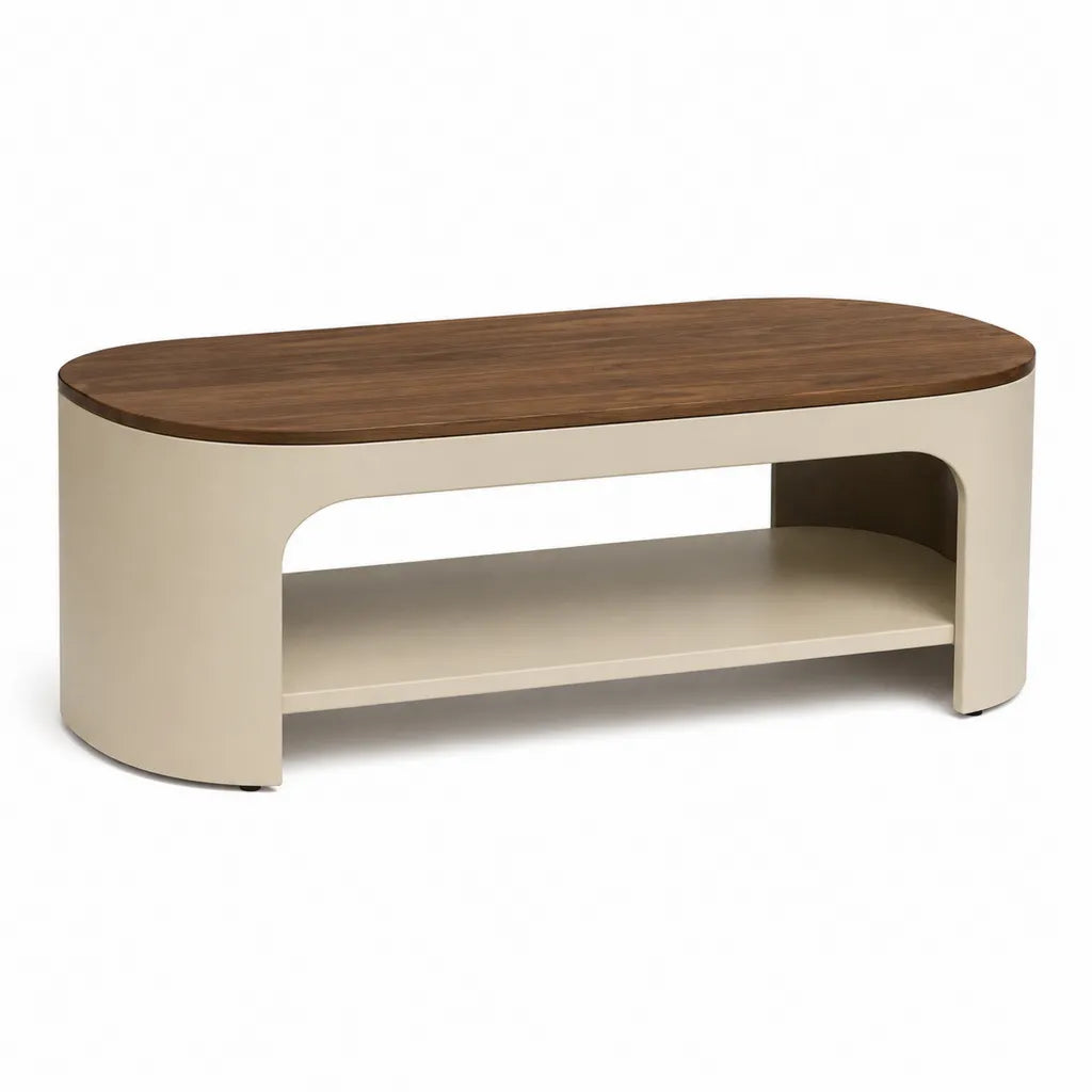 Couchtisch mit Ablagefach 100 x 50 x 45 cm MDF Walnussoptik Creme oval