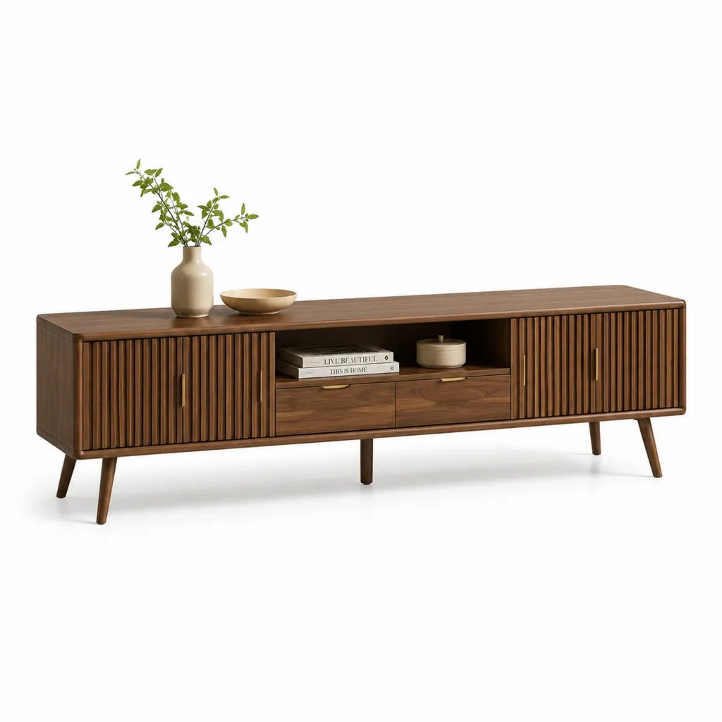 TV-Lowboard mit 2 Schiebeturen und 2 Schubladen aus MDF mit Walnussfurnier in Walnussbraun 180 x 40 x 55 cm