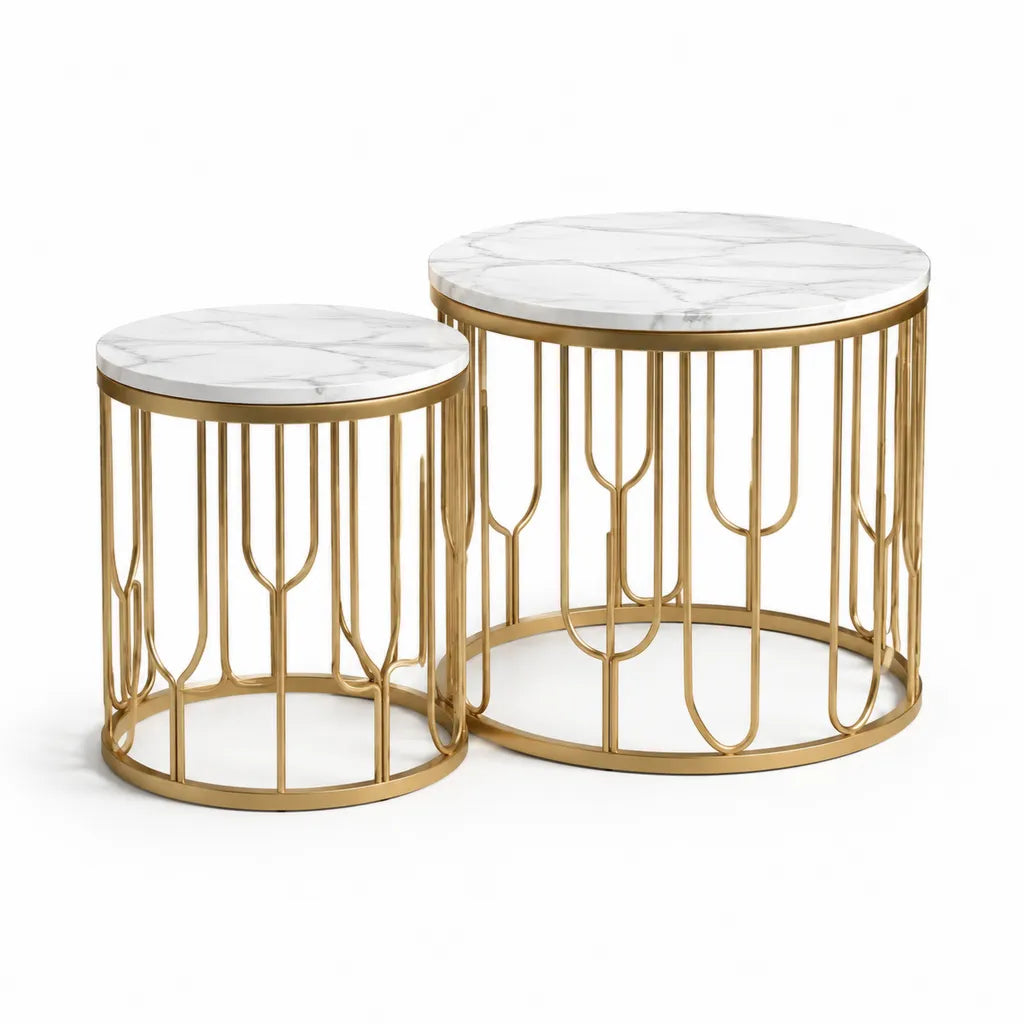 Couchtisch Set 2-teilig runde Beistelltische  80 x 45 cm und  60 x 40 cm mit MDF-Tischplatten in Marmoroptik und Stahlgestell Gold