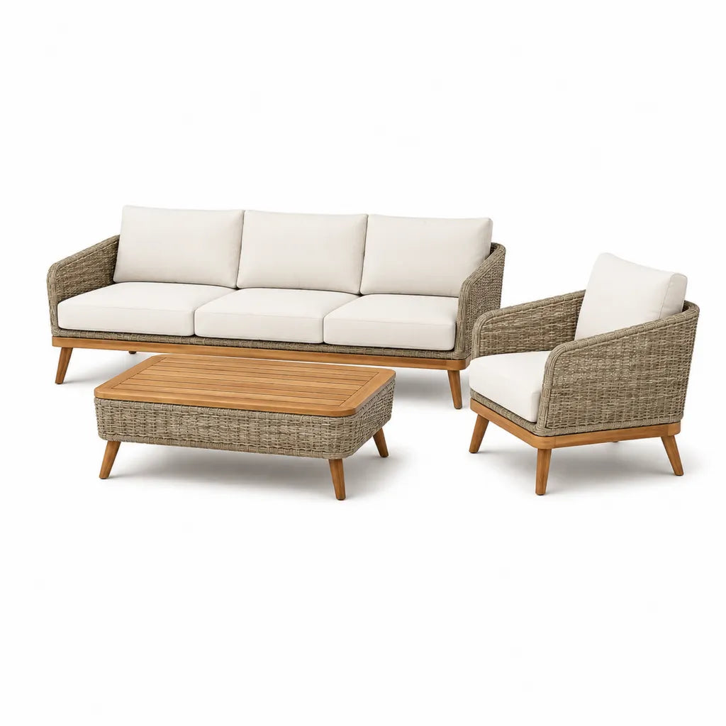 Gartensofa Lounge-Set 3-teilig mit 3-Sitzer Sofa Sessel und Couchtisch aus PE-Rattan und Akazienholz rechteckig Natur Creme Sofa 210 x 80 x 78 cm Sessel 78 x 80 x 78 cm Tisch 120 x 65 x 43 cm
