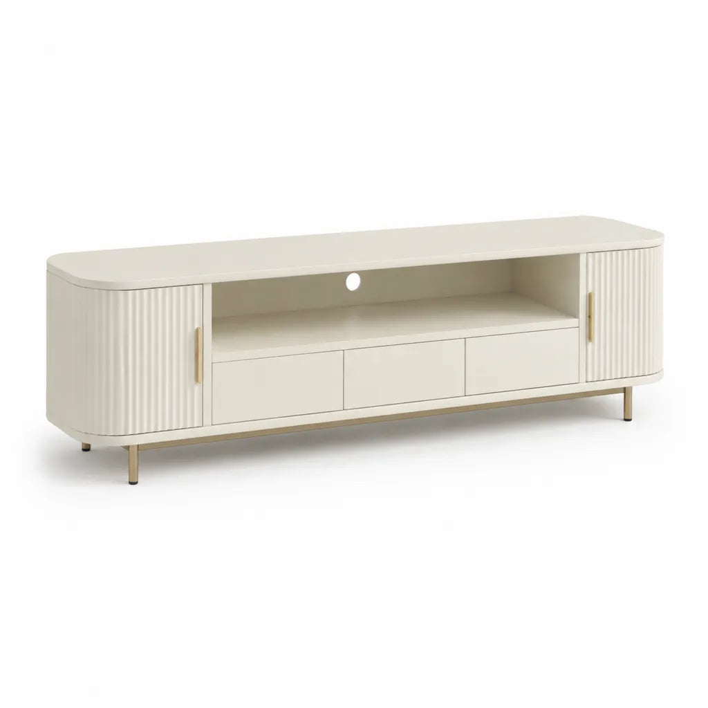 TV-Lowboard 180 x 40 x 55 cm MDF cremeweiss mit geriffeltem Frontdesign und goldfarbenen Metallfussen