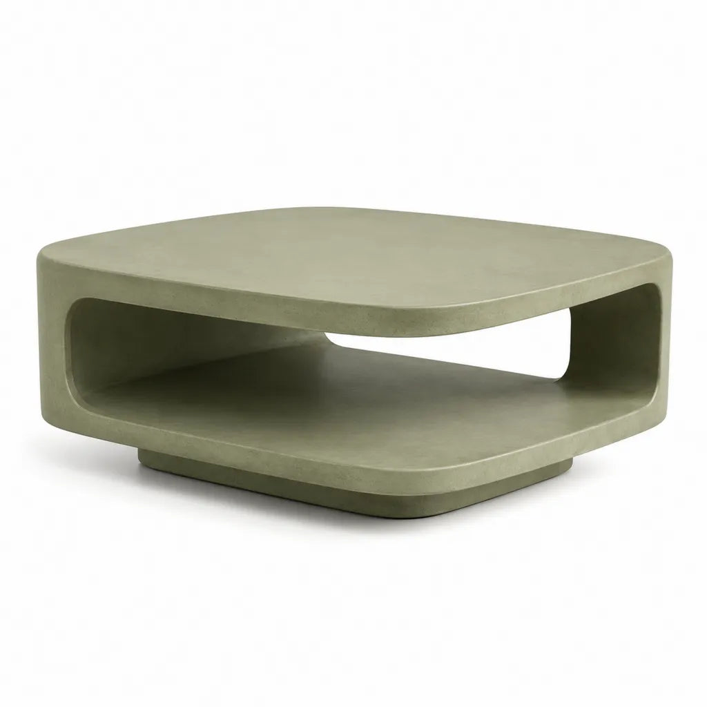 Couchtisch mit offenem Ablagefach 100 x 60 x 35 cm MDF Mikrozement abgerundet Olivgrun