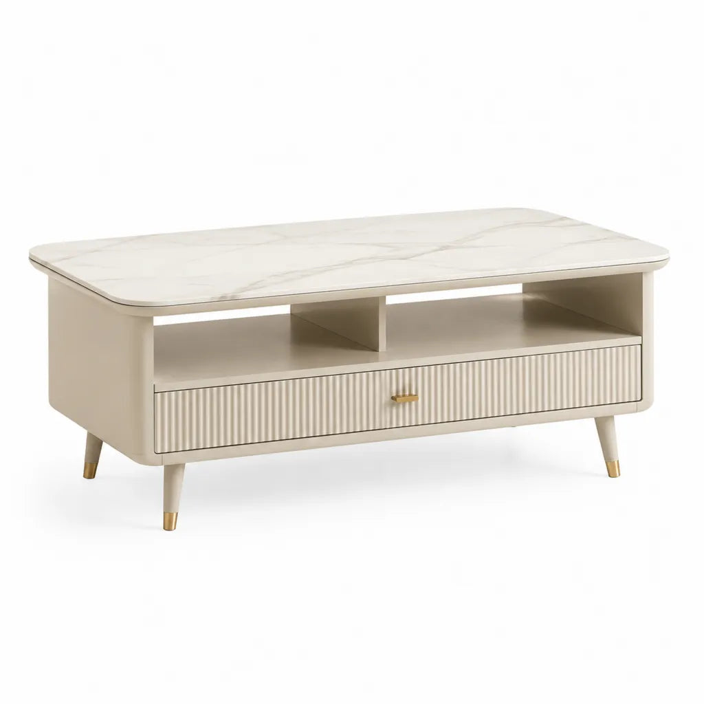 Couchtisch rechteckig 120 x 60 x 45 cm mit Schublade und offenen Fachern MDF gesinterte Steinplatte Weiss Creme