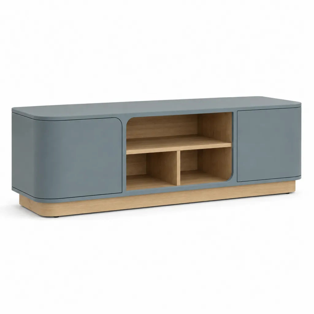 TV-Lowboard mit 2 Turen und offenen Fachern 140 x 40 x 50 cm MDF Eichenfurnier abgerundet Graublau Natur