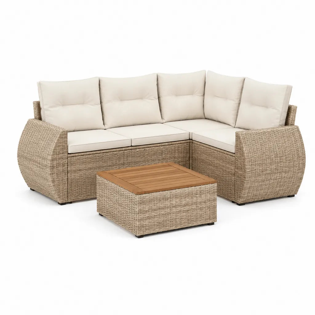 3-teiliges Polyrattan Gartensofa Ecksofa mit Akazienholz Tisch Beige 210 x 210 x 85 cm