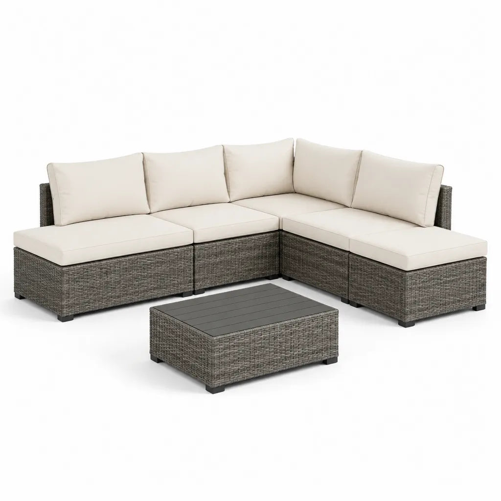 5-teiliges Polyrattan Gartenlounge Set Ecksofa mit Couchtisch 210 x 140 x 63 cm Grau Cremeweiss