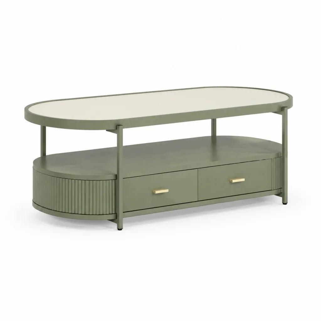 Couchtisch mit Stauraum 120 x 60 x 55 cm MDF oval Grun Creme