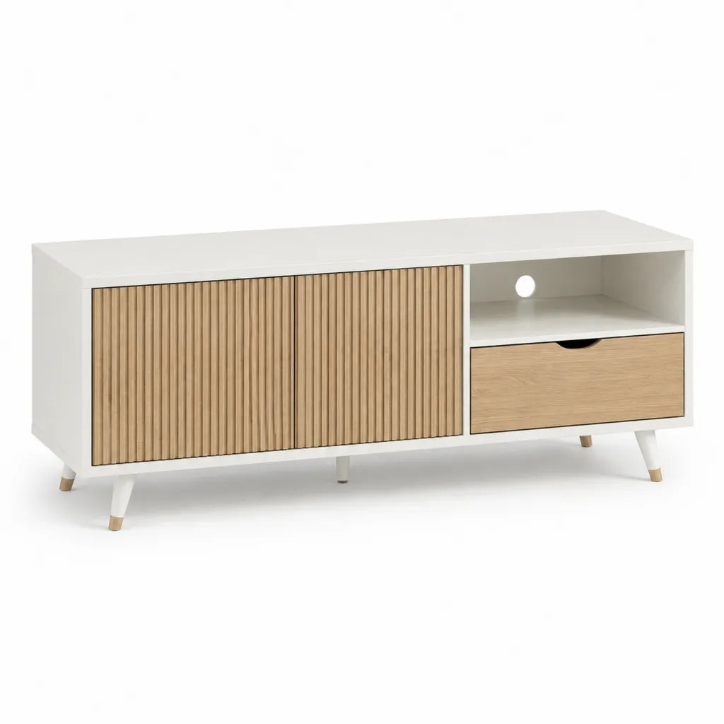 TV-Lowboard 120 x 40 x 60 cm aus MDF mit Lamellenfront in Weiss und Eichenoptik