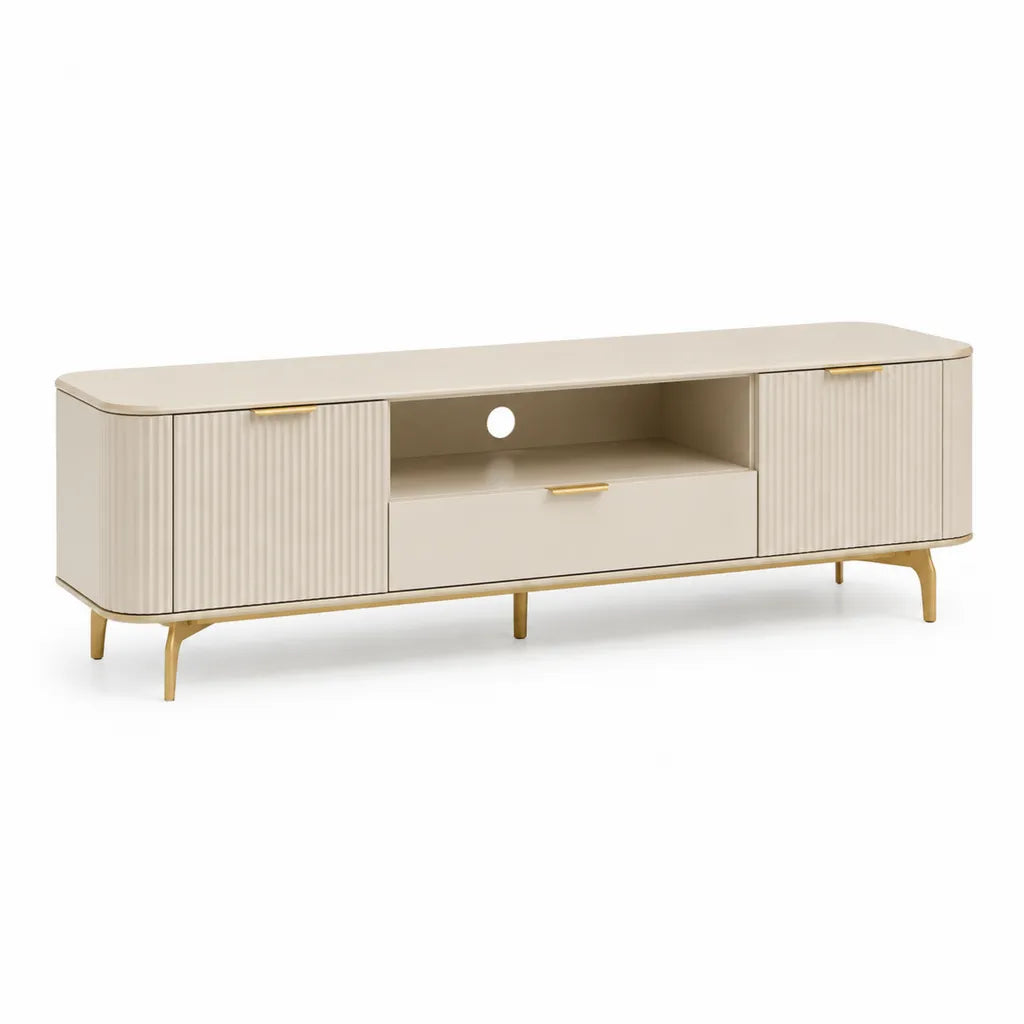 TV-Lowboard 180 x 40 x 55 cm aus MDF mit geriffelter Front abgerundeter Form in Creme Gold
