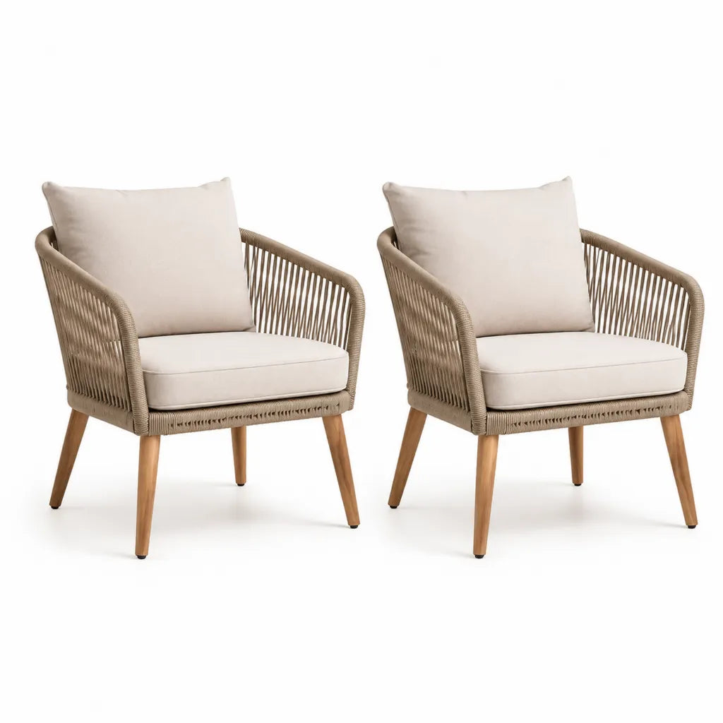 2er Set Gartenstuhle mit Armlehnen 65 x 65 x 80 cm aus Akazienholz und PE-Rundgeflecht in Natur Beige