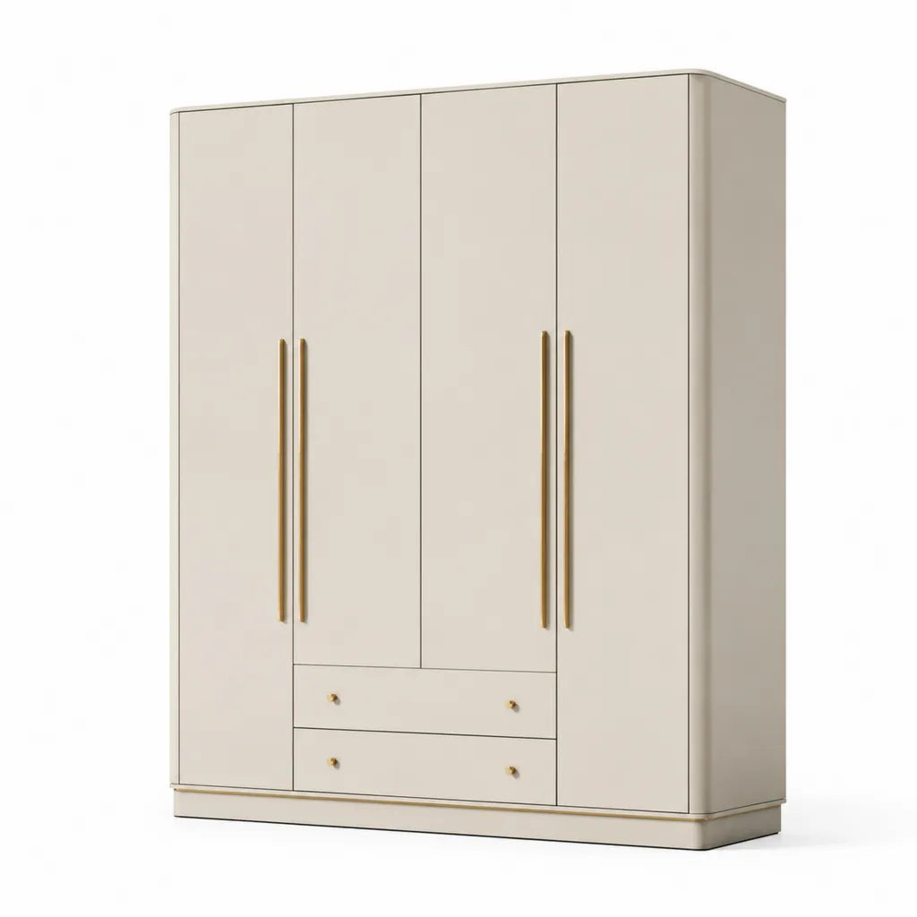 Kleiderschrank mit 4 Drehturen und 2 Schubladen aus melaminharzbeschichteter Spanplatte in Creme Gold 160 x 60 x 200 cm