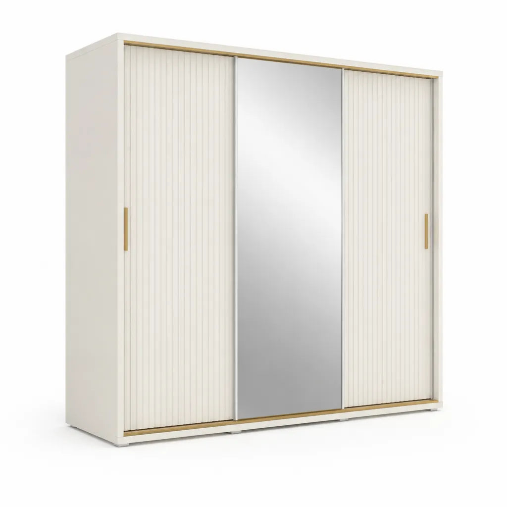 Schwebeturenschrank Kleiderschrank mit Spiegel 200 x 60 x 220 cm Spanplatte rechteckig cremeweiss gold
