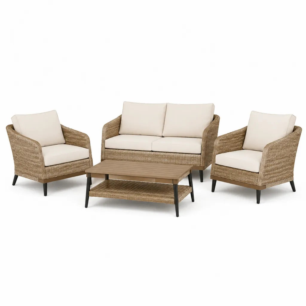 4-teiliges Gartensofa-Set mit 2 Sesseln Couchtisch und 2-Sitzer-Sofa aus PE-Rattan Akazienholz Beige Natur 120 x 72 x 78 cm