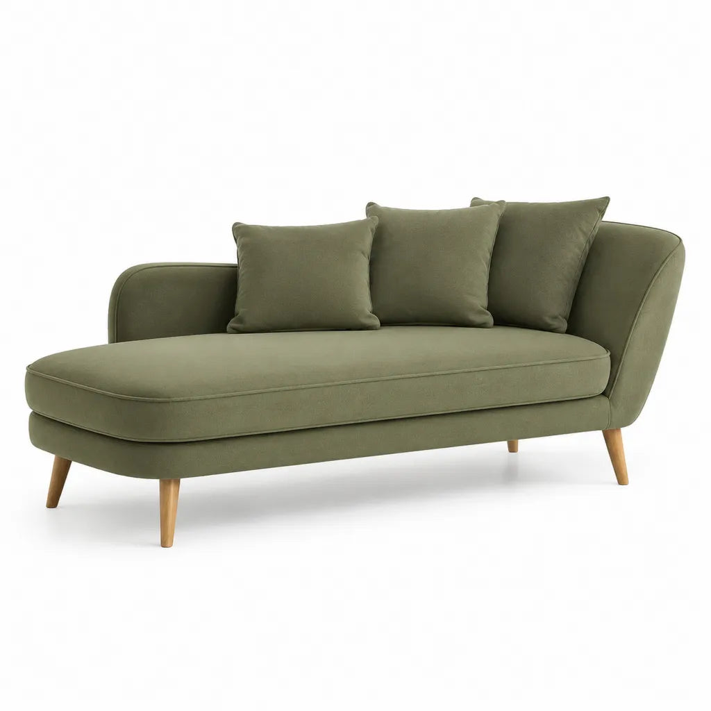 Chaiselongue 190 x 88 x 83 cm mit Samtbezug aus Polyester Massivholzfussen geschwungener Form Olivgrun