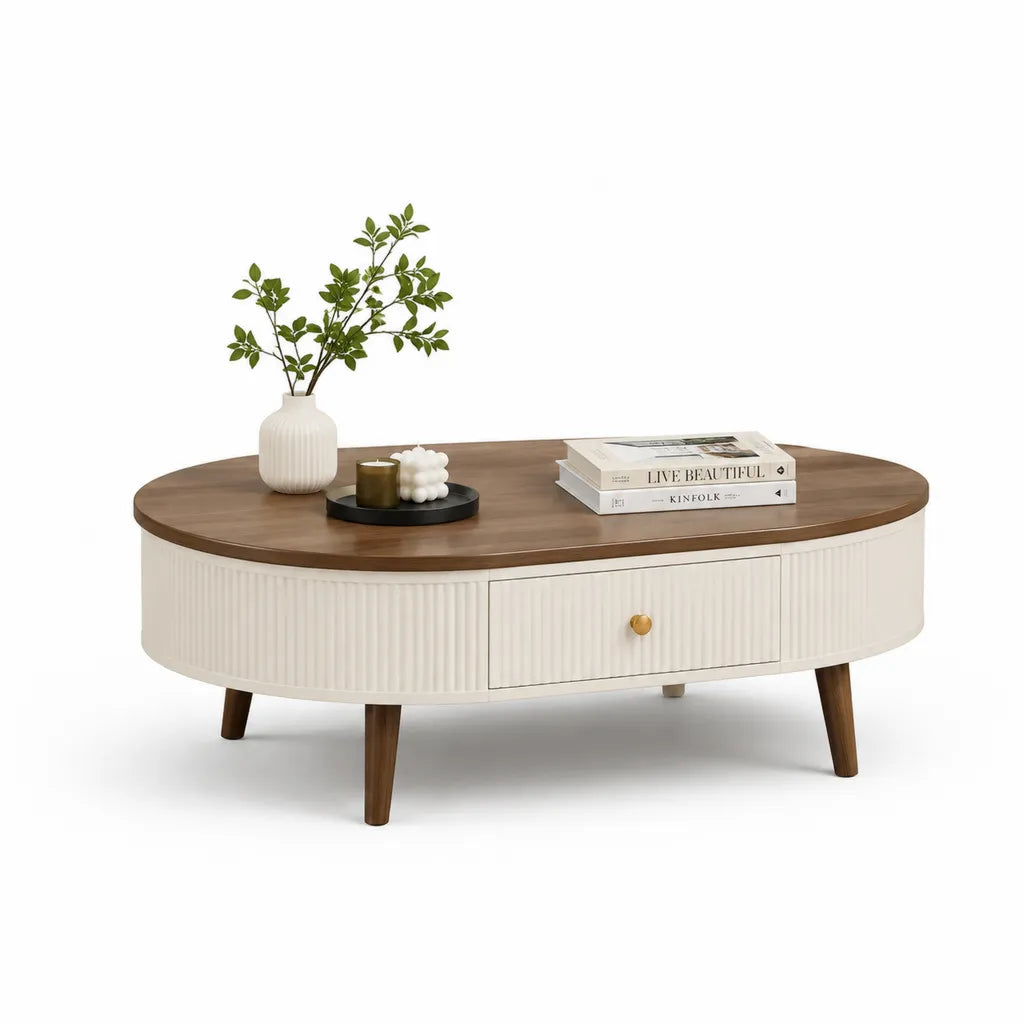 Couchtisch mit Stauraum 120 x 60 x 45 cm MDF oval Nussbaum Weiss