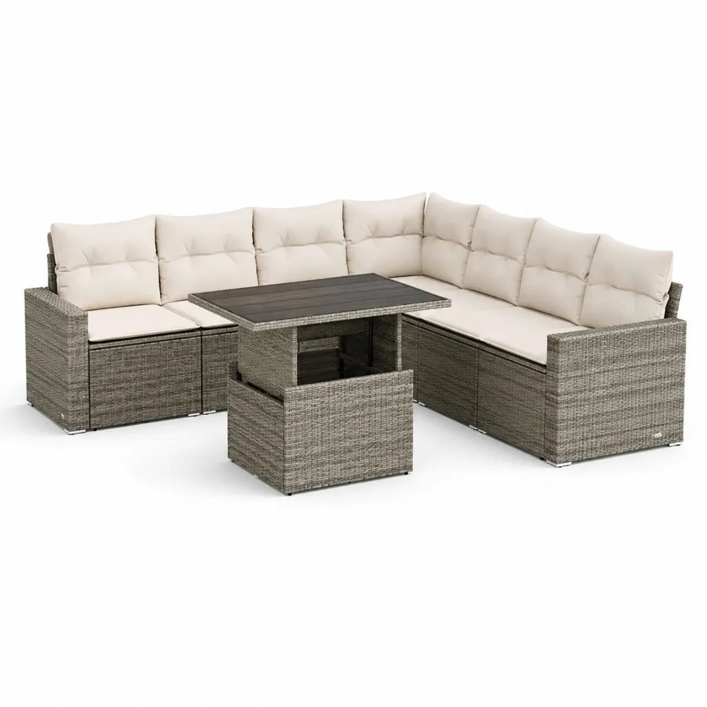 Polyrattan Gartenlounge Essgruppe 5-teilig L-Form Grau Creme Ecksofa 250 x 190 cm Tisch 110 x 60 x 68 cm