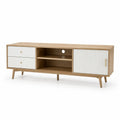 TV-Lowboard mit Schiebetur 180 x 40 x 60 cm MDF in Eichenoptik Weiss Rechteckig