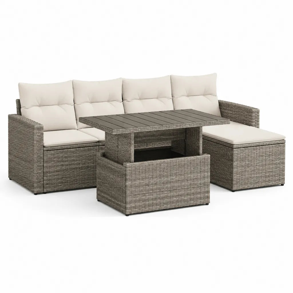 5-teiliges Garten-Loungeset aus PE-Rattan mit rechteckigem Esstisch und cremefarbenen Polyesterkissen 180 x 65 x 73 cm Grau