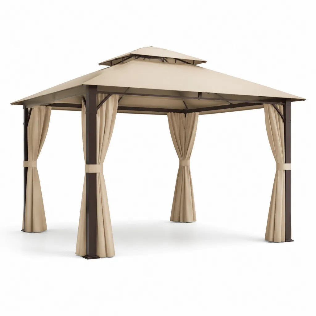 Gartenpavillon 3 x 3 m Stahl Polyester quadratisch Beige Braun mit Seitenteilen